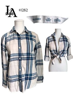 Old Navy Blue & Cream Plaid Button-Up Shirt | Tie tops